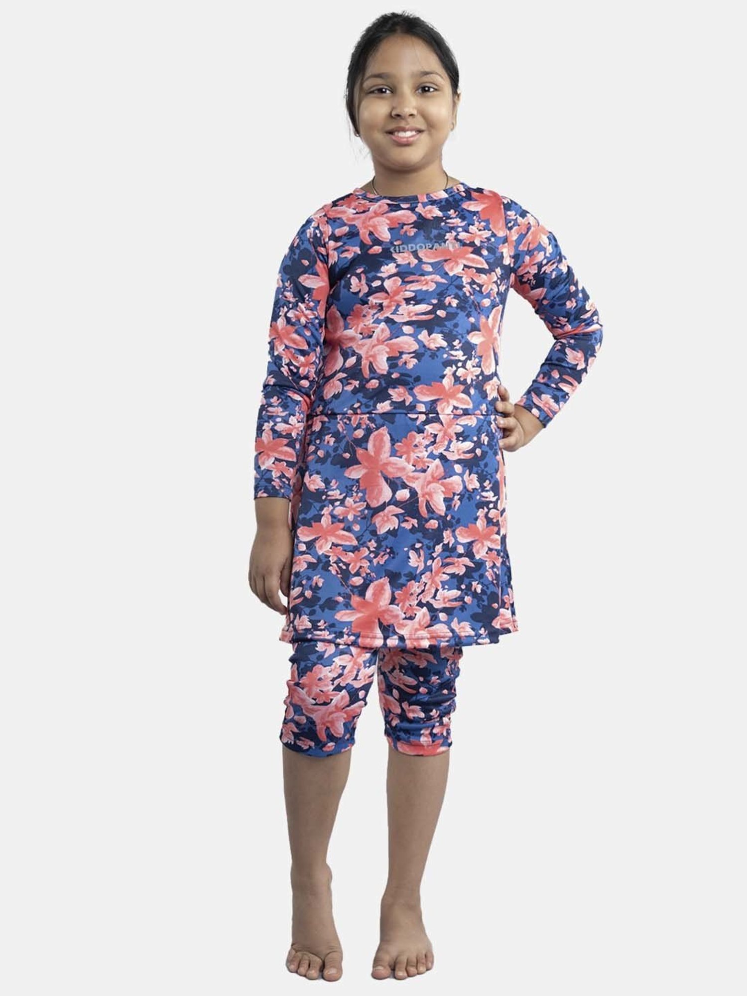 Kiddopanti Kids Blue & Peach Floral Print Full Sleeves Swim Dress