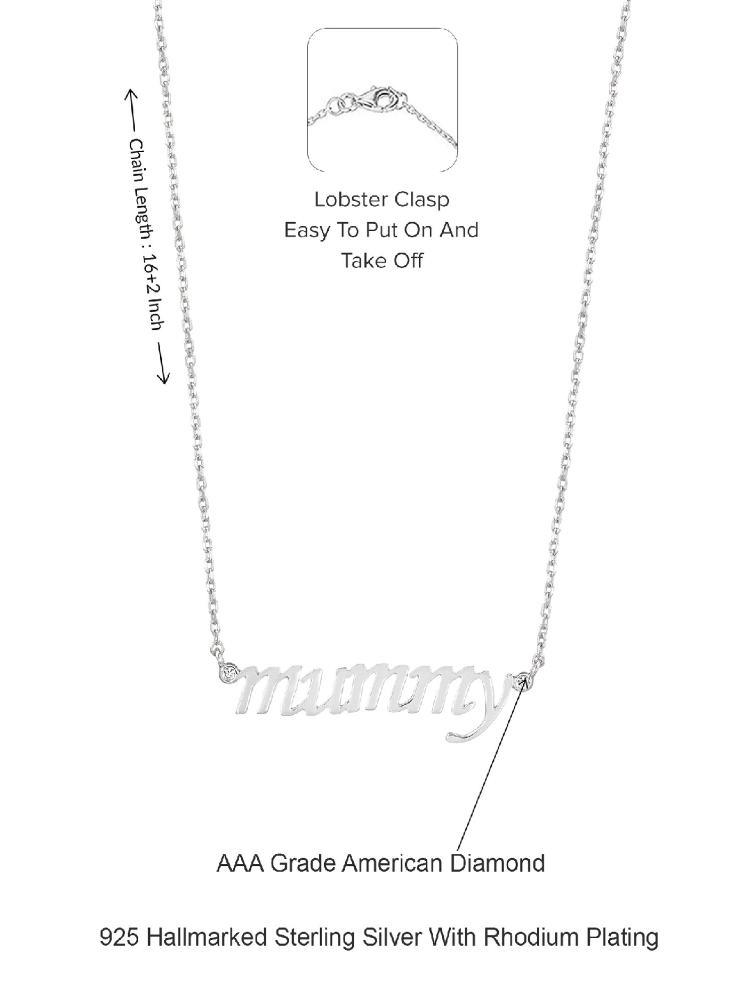 Ornate Jewels 925 Silver AAA Grade American Diamond MUMMY Pendant with 18-inch Chain