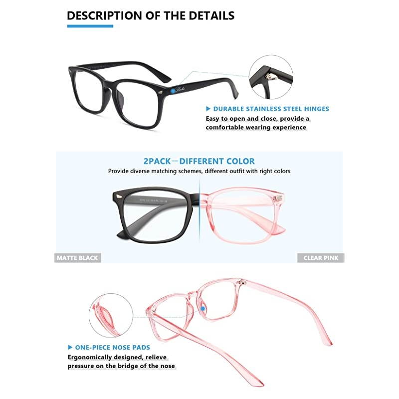2 Pack Blue Light Blocking Glasses Computer ReadingGamingTVPhones Glasses for Women MenAnti Eyestrain UV Glare Matte Black+Clear Pink