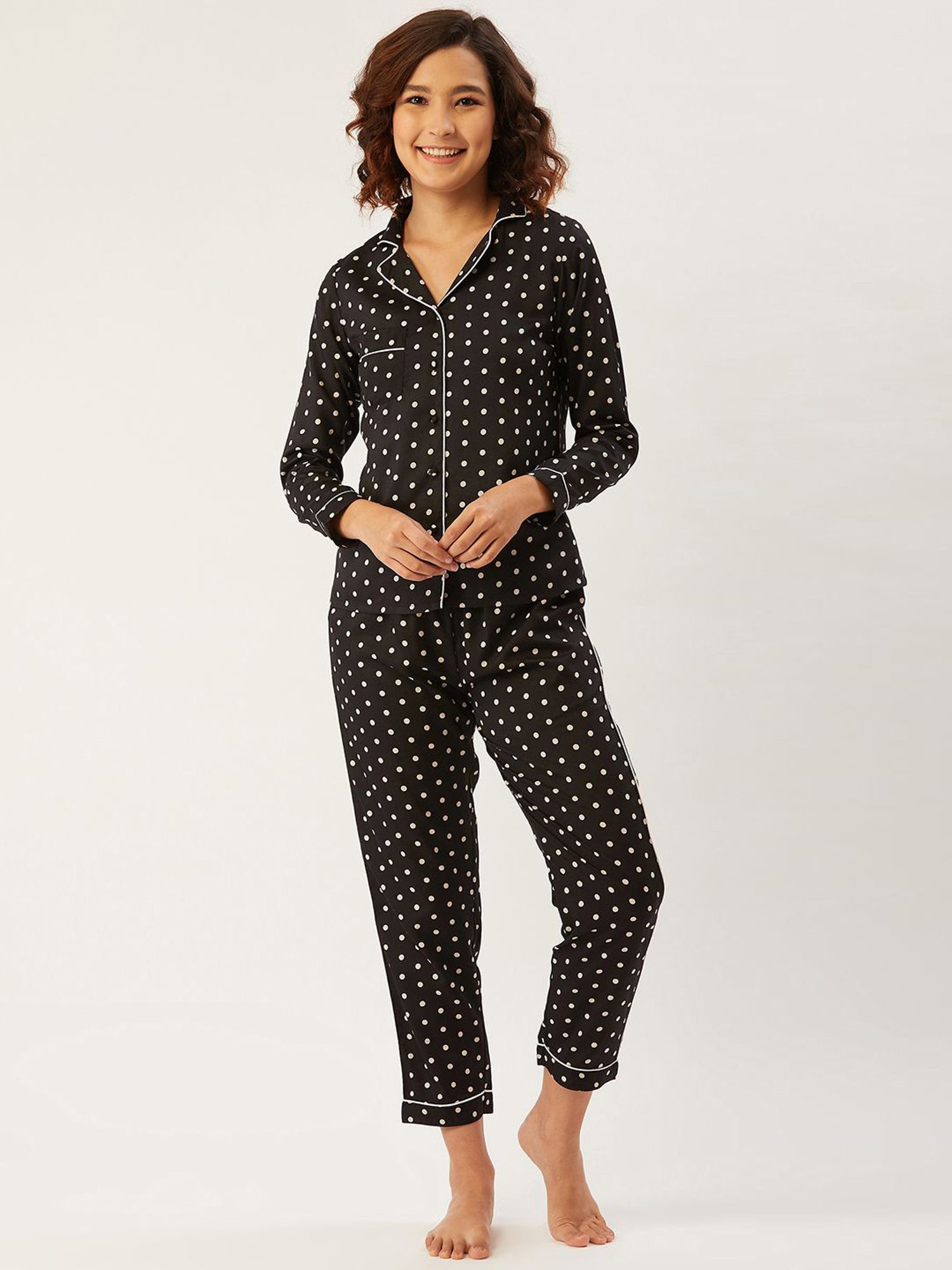 Anvi Be Yourself Black Polka Dots Shirt Pyjama Set
