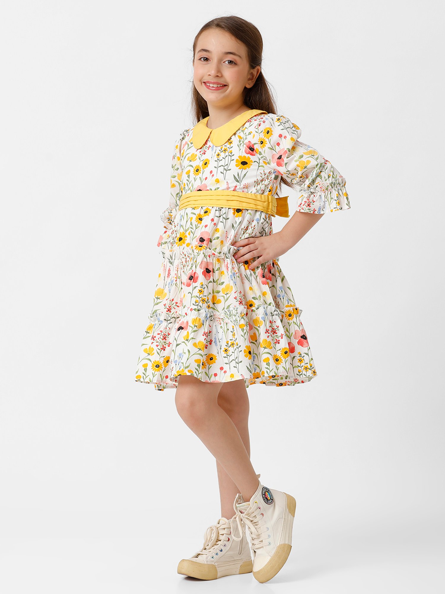 Kate & Oscar Kids White & Yellow Floral Print Dress
