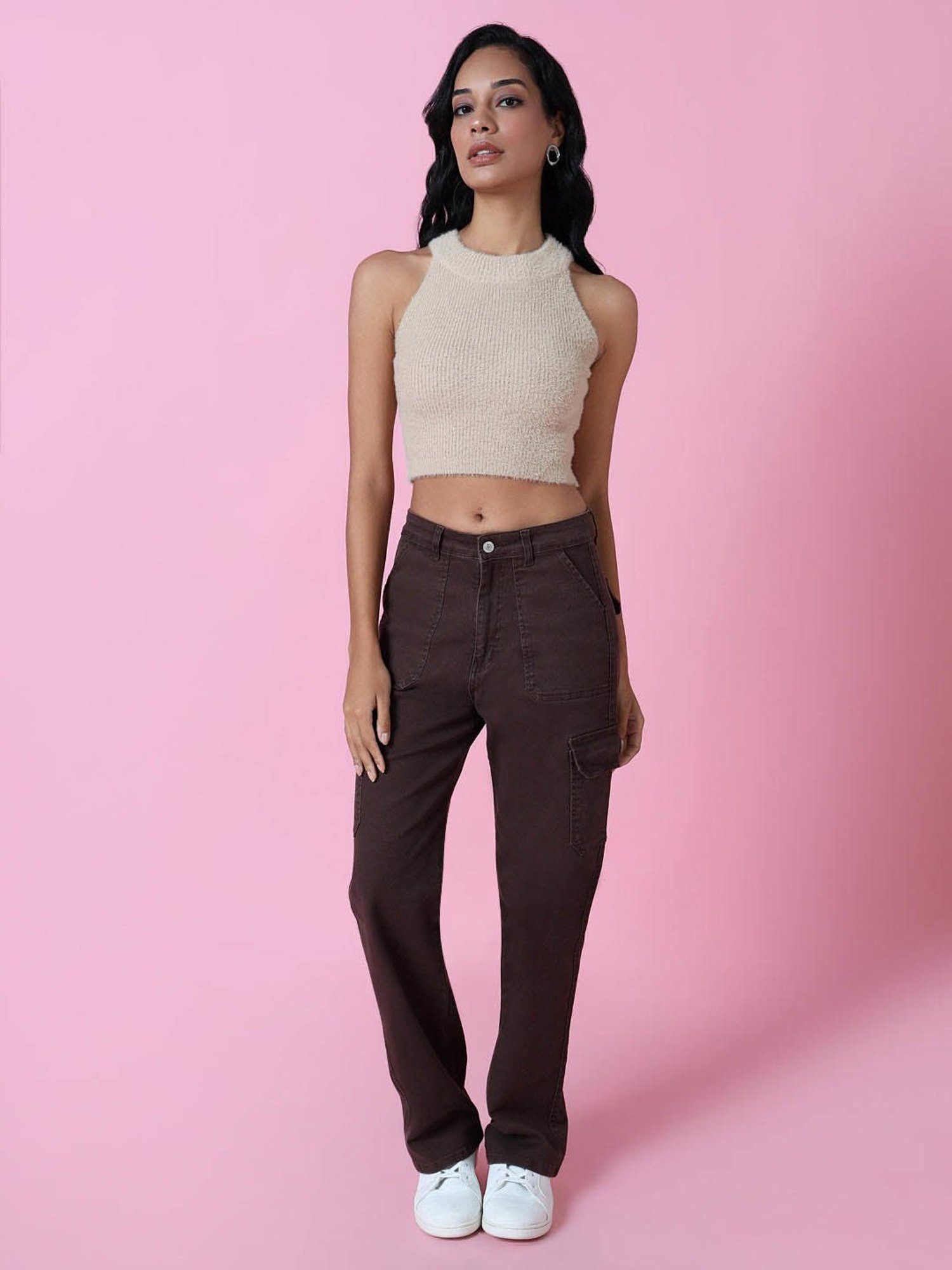 SHOWOFF Beige Regular Fit Crop Top