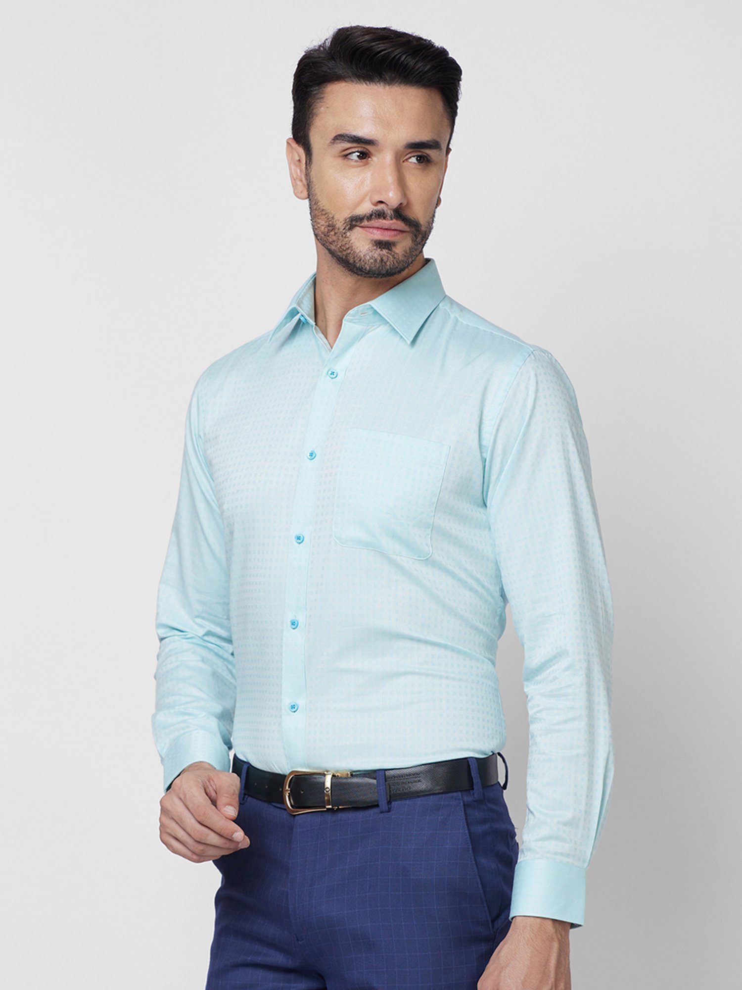 Raymond Petrol Blue Slim Fit Self Design Shirt