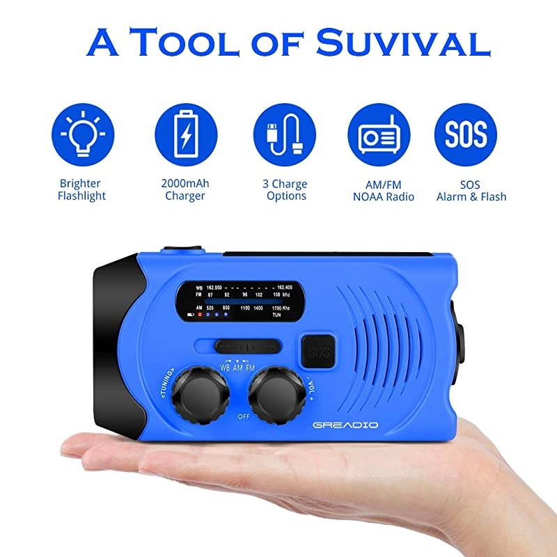Weather Solar AMFMNOAA Crank Radio with Bright Flashlight SOS Alarm and 2000mAh Power Bank for and Outdoor Activies Blue
