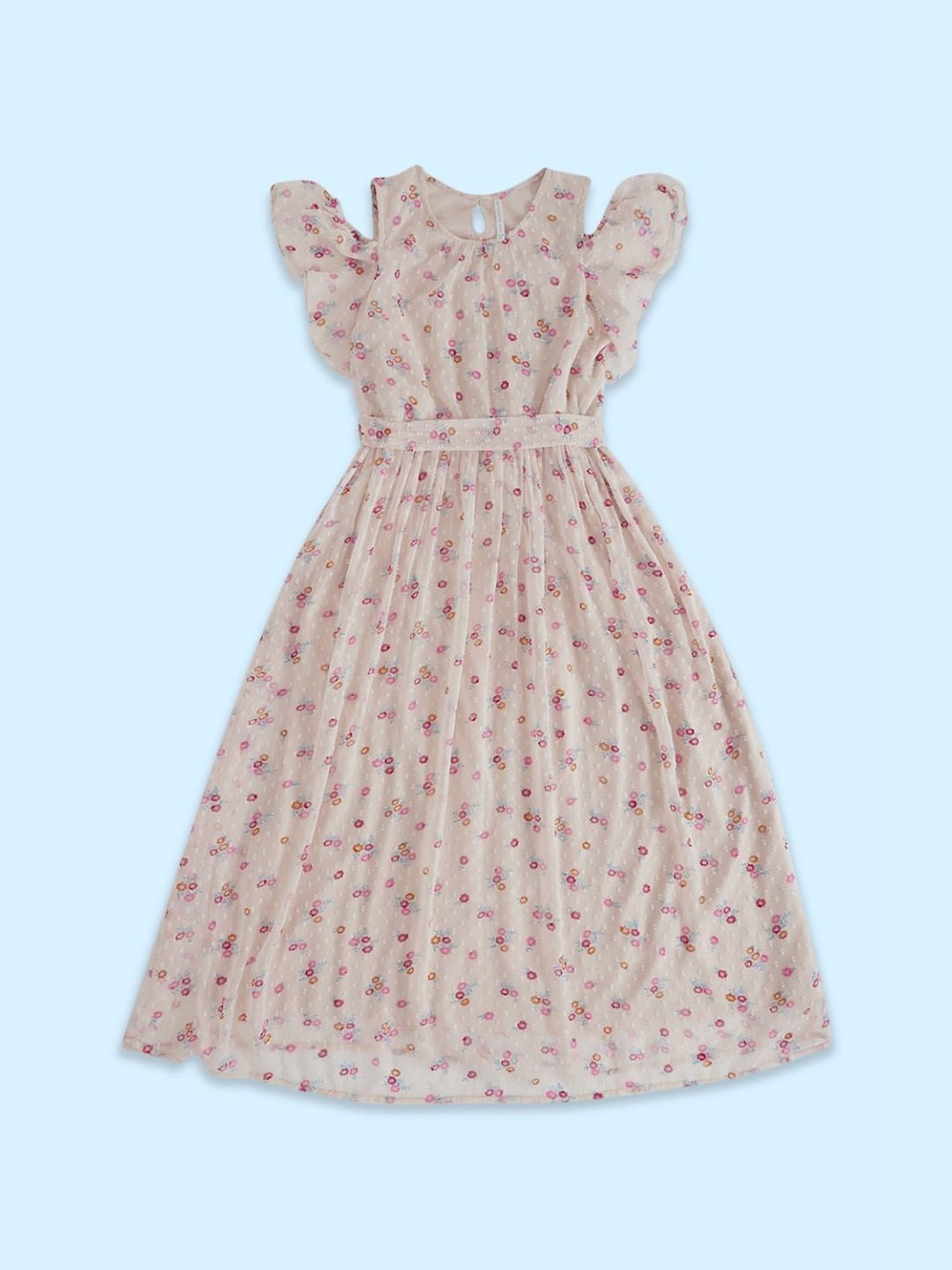 Pantaloons Junior Peach Cotton Floral Print Dress