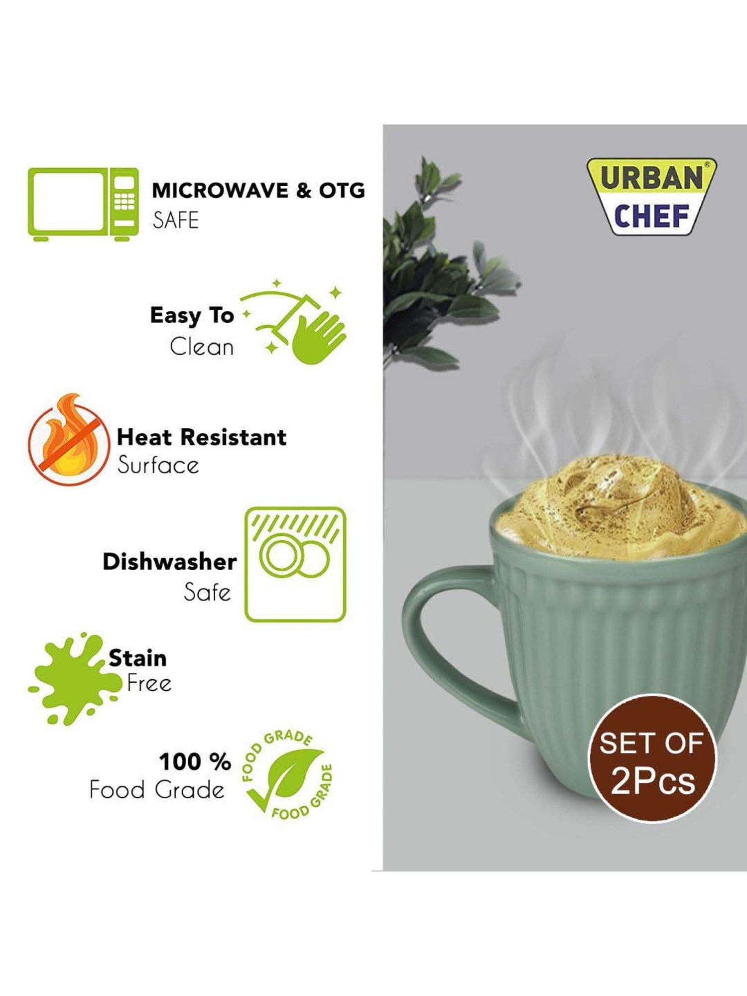 Urban Chef Green Ceramic Handcrafted Microwave Safe Tea Cup - Set of 2