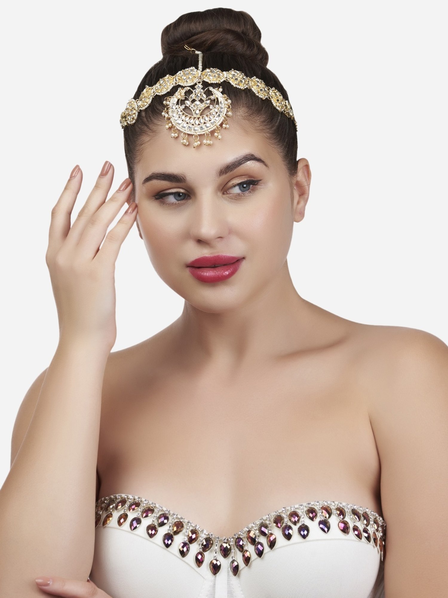 Zaveri Pearls Gold Tone Kundan & Pearls Bridal Crescent Matha Patti Style Maangtikka-ZPFK13525