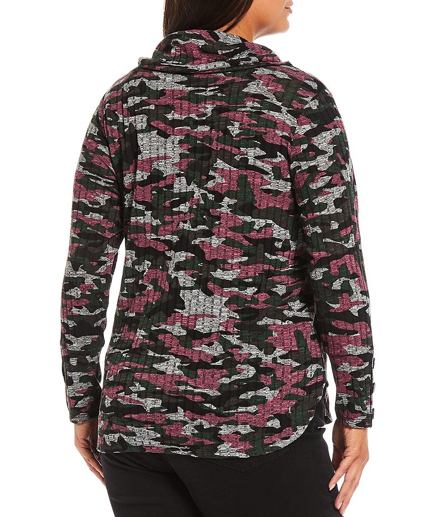 I.N. Studio Plus Size Multicolor Camo Print Long Sleeve Drawstring Cowl Neck Top