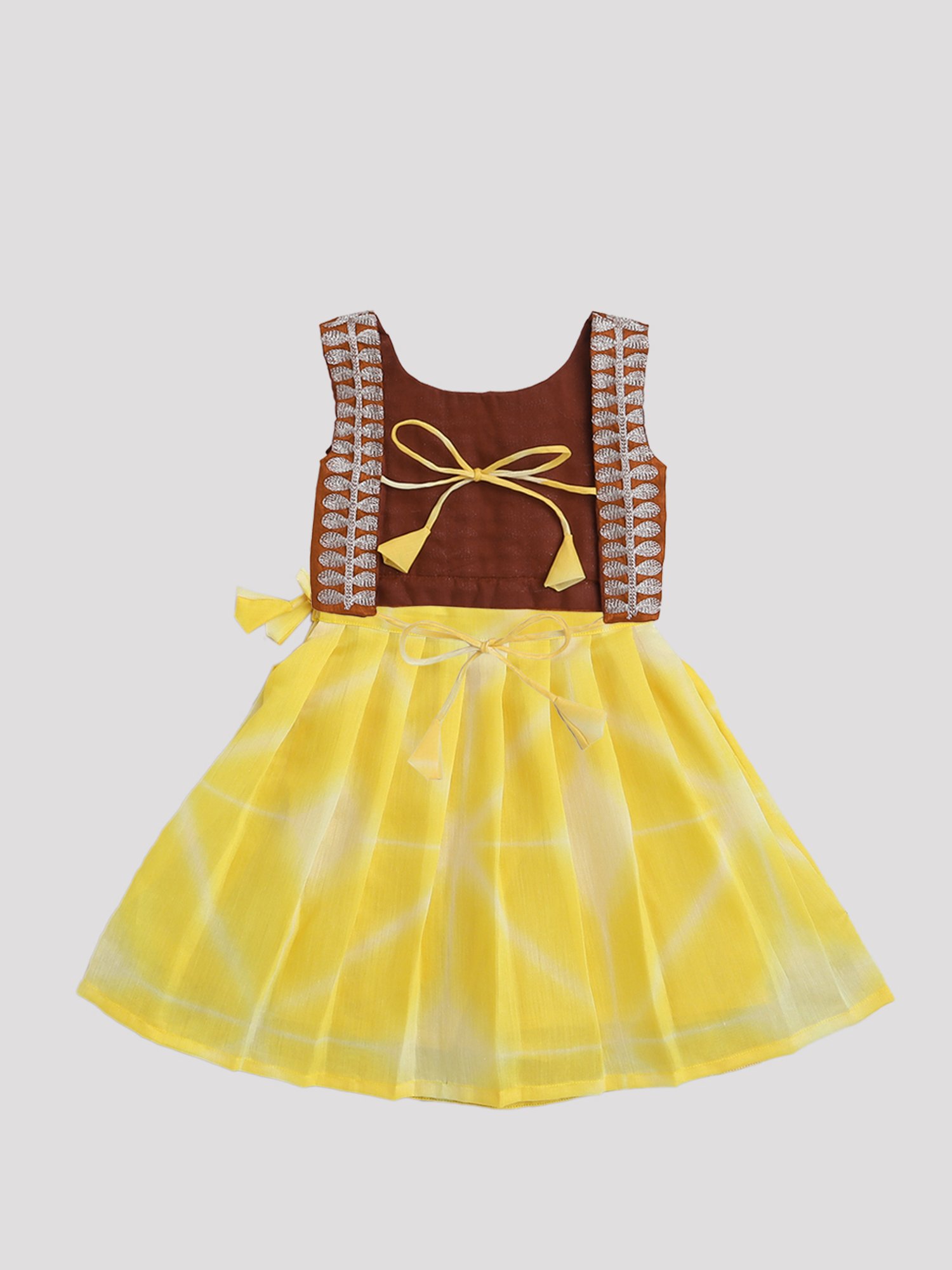 Many Frocks Kids Brown & Yellow Embellished Lehenga, Choli with Dupatta