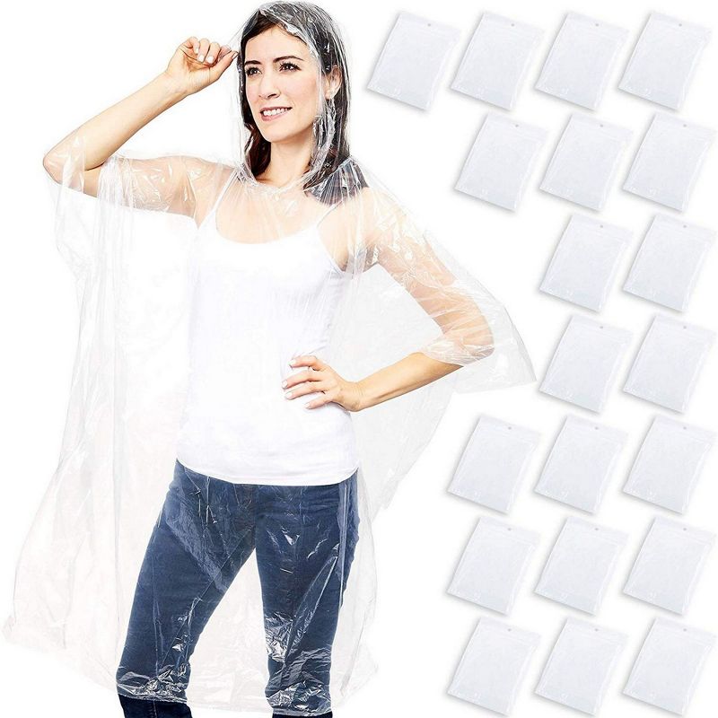 Juvale 20 Pack Emergency Raincoats with Hoods, Disposable Rain Ponchos, Clear