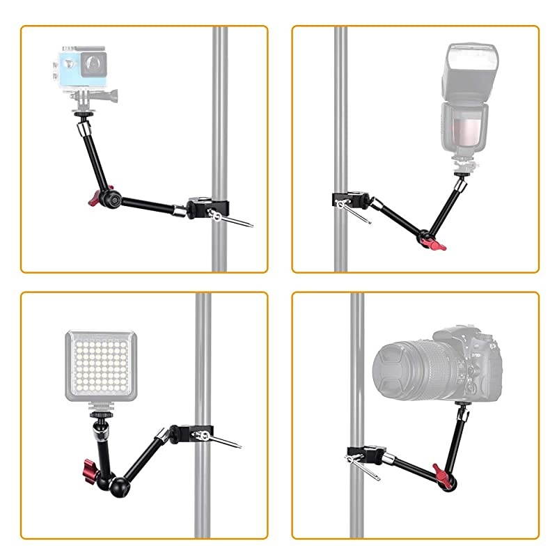 Upgraded 11 Inch Articulating Camera Arm with Large Super Clamp Magic Friction Arms 28cm with Hot Shoe Mount Adapter Adjustable Monitor Bracket Kit for DSLR Rig LED Light Flash Light Video