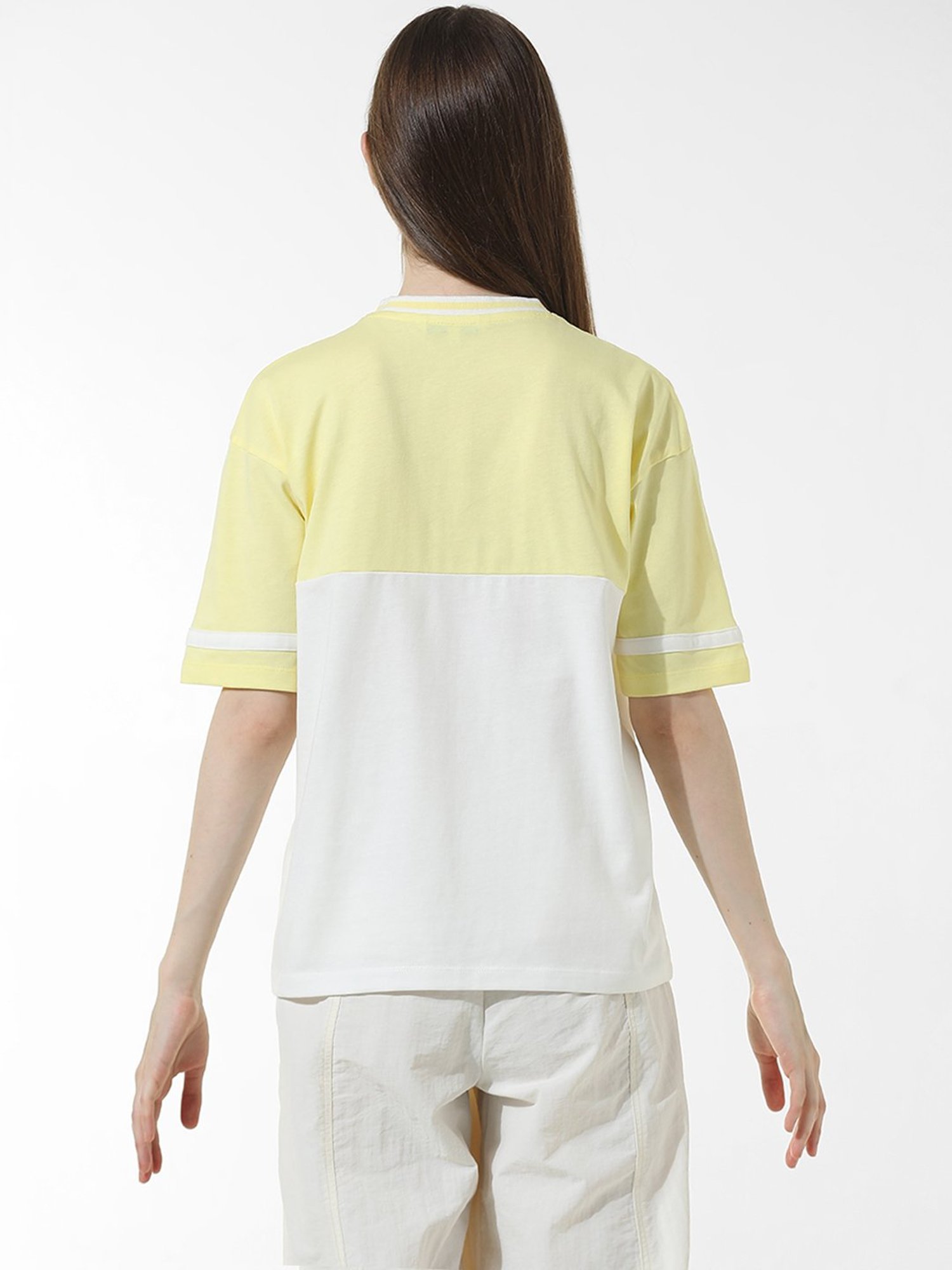 Only Yellow & White Cotton Graphic Print T-Shirt