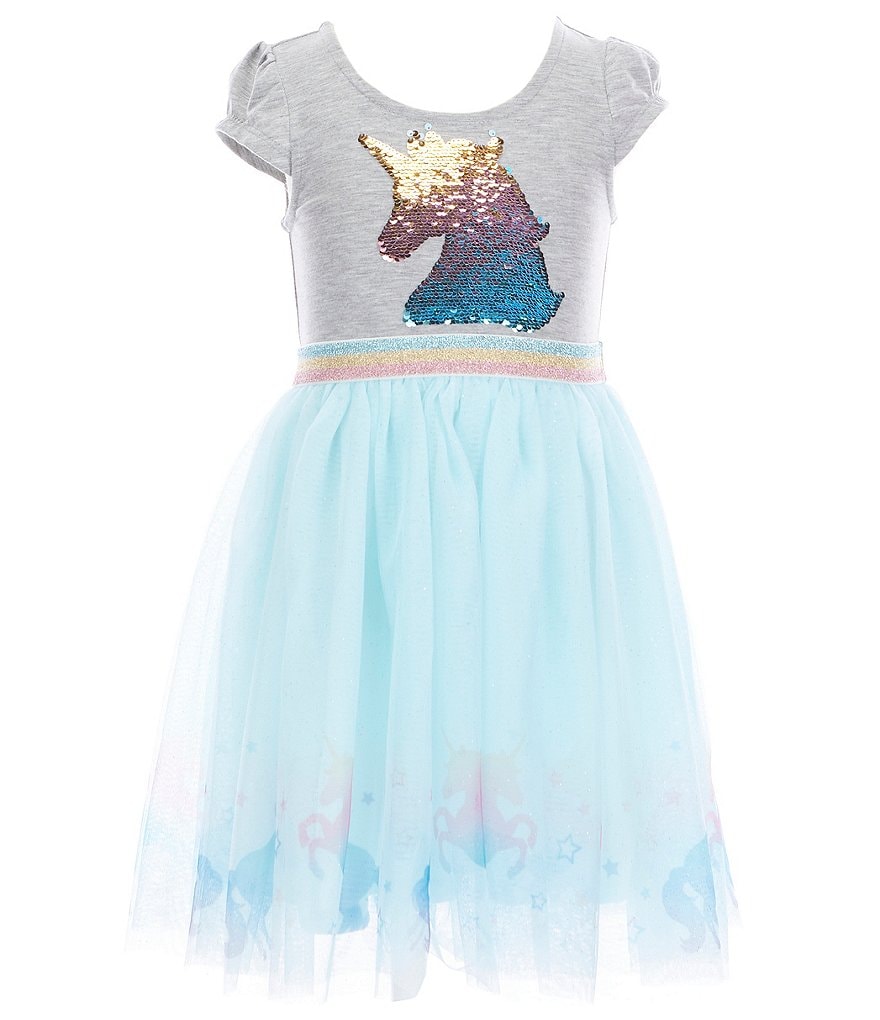 Zunie Little Girls 2T-6X Cap-Sleeve Sequins Unicorn Embroidery Knit/Mesh Tutu Dress