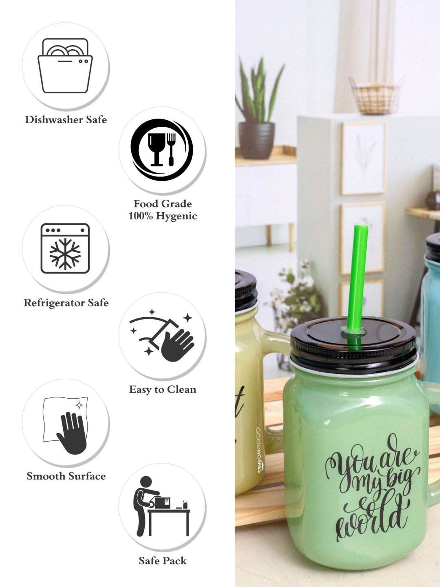 Goodhomes Multicolor Glass Mason Jar With Metal Lid & Straw (0.45 L) - Set of 3