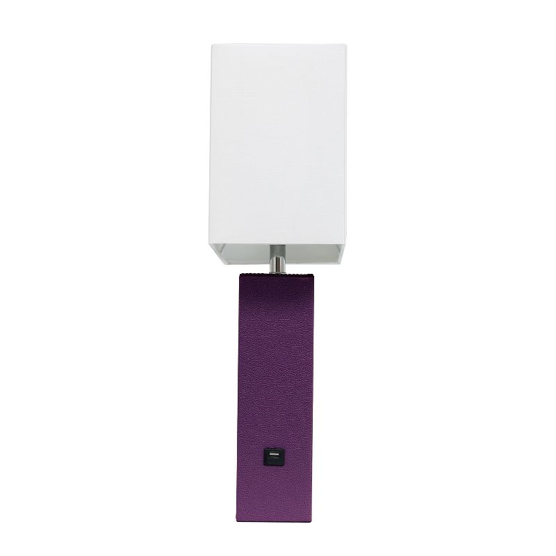 Modern Leather Table Lamp with USB and Fabric Shade Eggplant - Elegant Designs