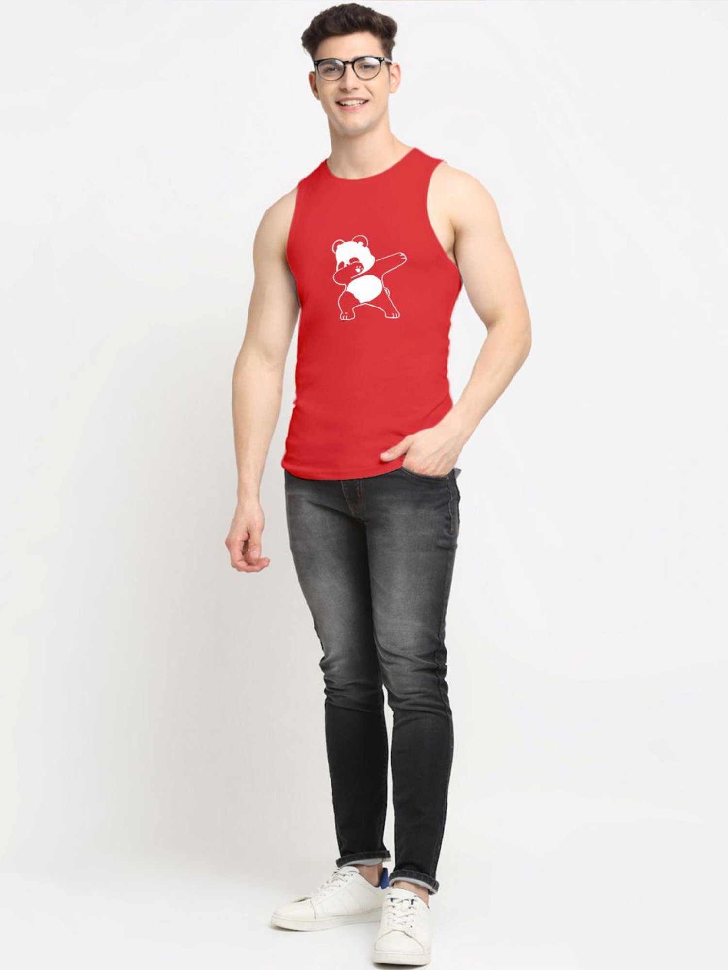 Friskers Red Cotton Slim Fit Printed Vest