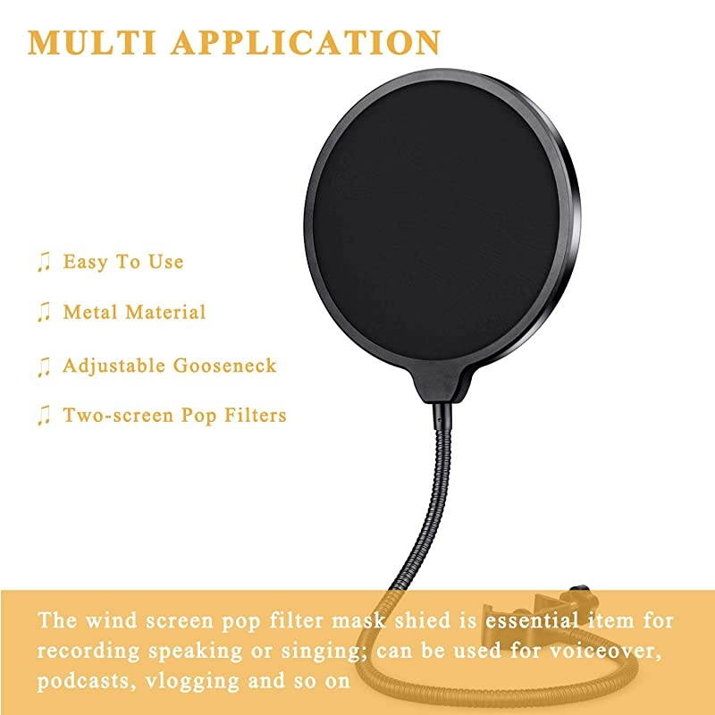 Microphone Pop Filter Mask Shield For Microphone  Dual Layered Wind Pop Screen With Flexible 360&deg;Gooseneck Clip Stabilizing Arm
