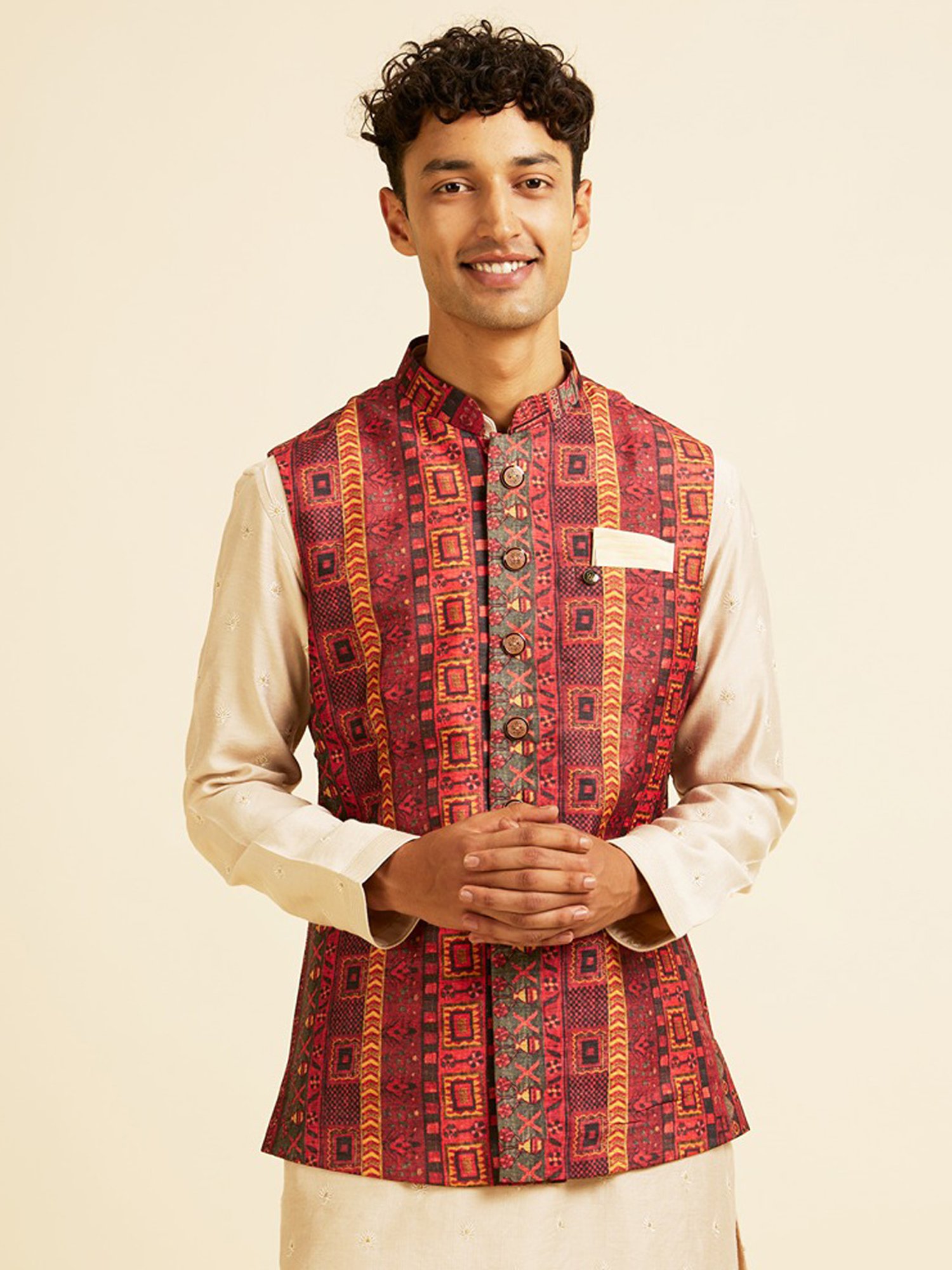 Manyavar Brown Regular Fit Printed Nehru Jacket