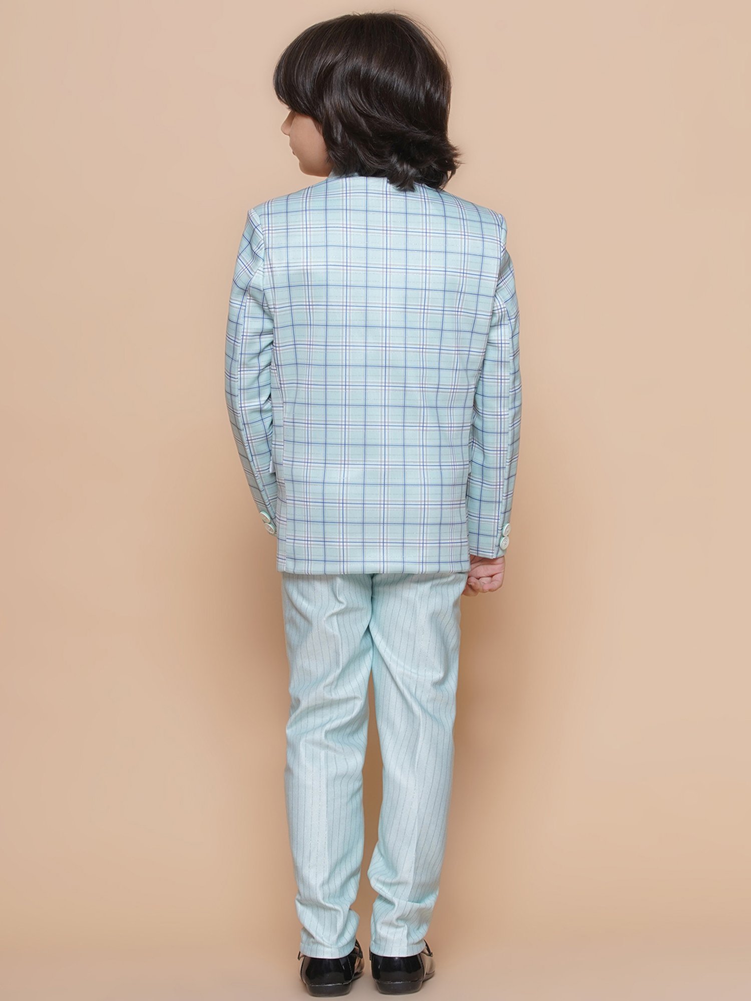 AJ Dezines Kids Sky Blue Checks Full Sleeves Shirt, Pants, Coat, Waistcoat with Tie