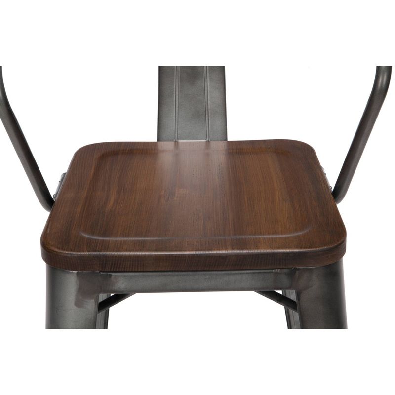 Set of 4 26" Industrial Modern Mid Back Galvanized Steel Counter Height Barstool with Arms and Solid Ash Wood Seats Gunmetal/Walnut - OFM