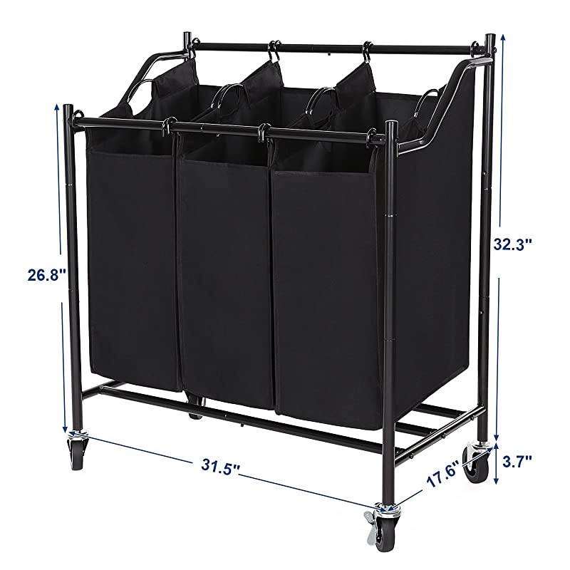 Laundry Cart Sorter on Wheels with 3 Removable Bags Black