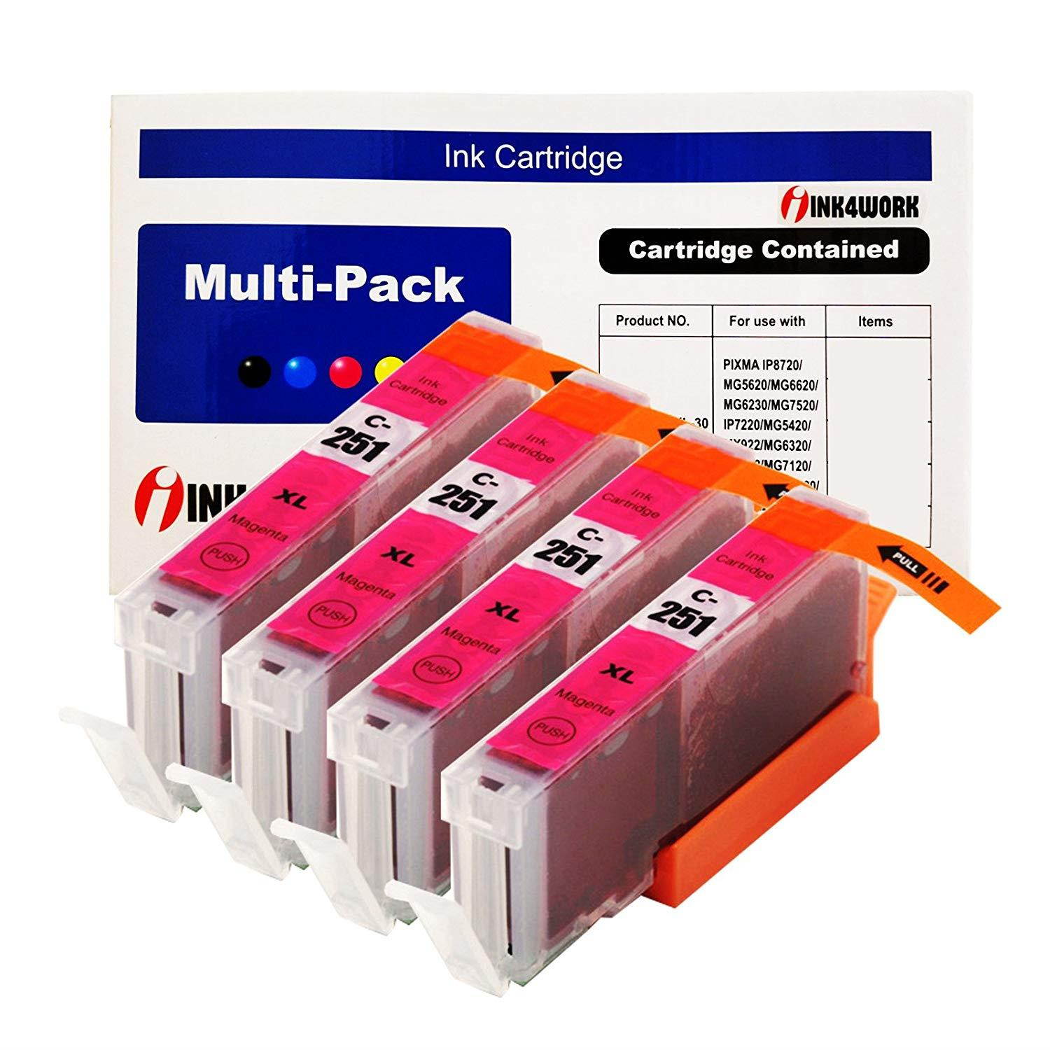 4 Pack INK4WORK Compatible Replacement For CLI-251XL CLI-251 XL Magenta Ink Cartridge For PIXMA MX722 MX922 iP7220 iP8720 iX6820 MG5420 MG5422 MG5520 MG5522 MG5620 ....
