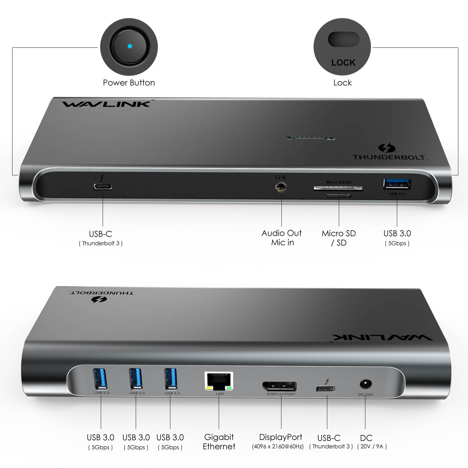 WavlinkThunderbolt 3 Docking Station With 85W Power Delivery, Dual 4K Single 5K @60Hz, 2 Thunderbolt 3 Type-C, 4xUSB 3.0,Gigabit Ethernet, 1 DisplayPort, SD/Micro SD Card Reader, Intel Certified