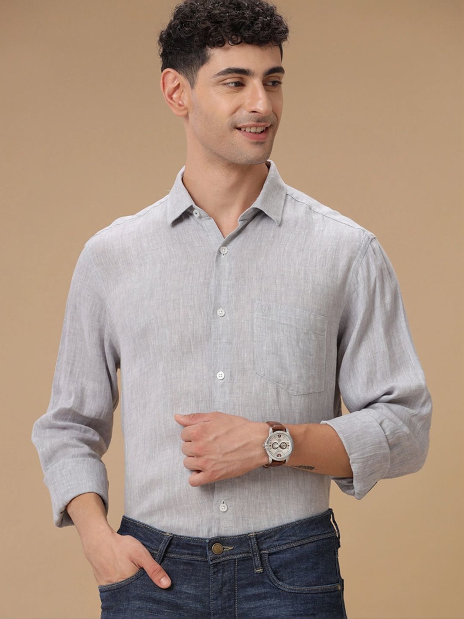 Linen Club Grey Linen Contemporary Fit Texture Shirt