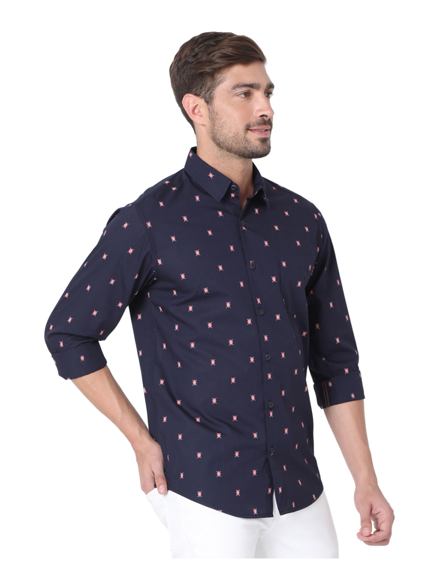 Mufti Navy Cotton Slim Fit Printed Shirt