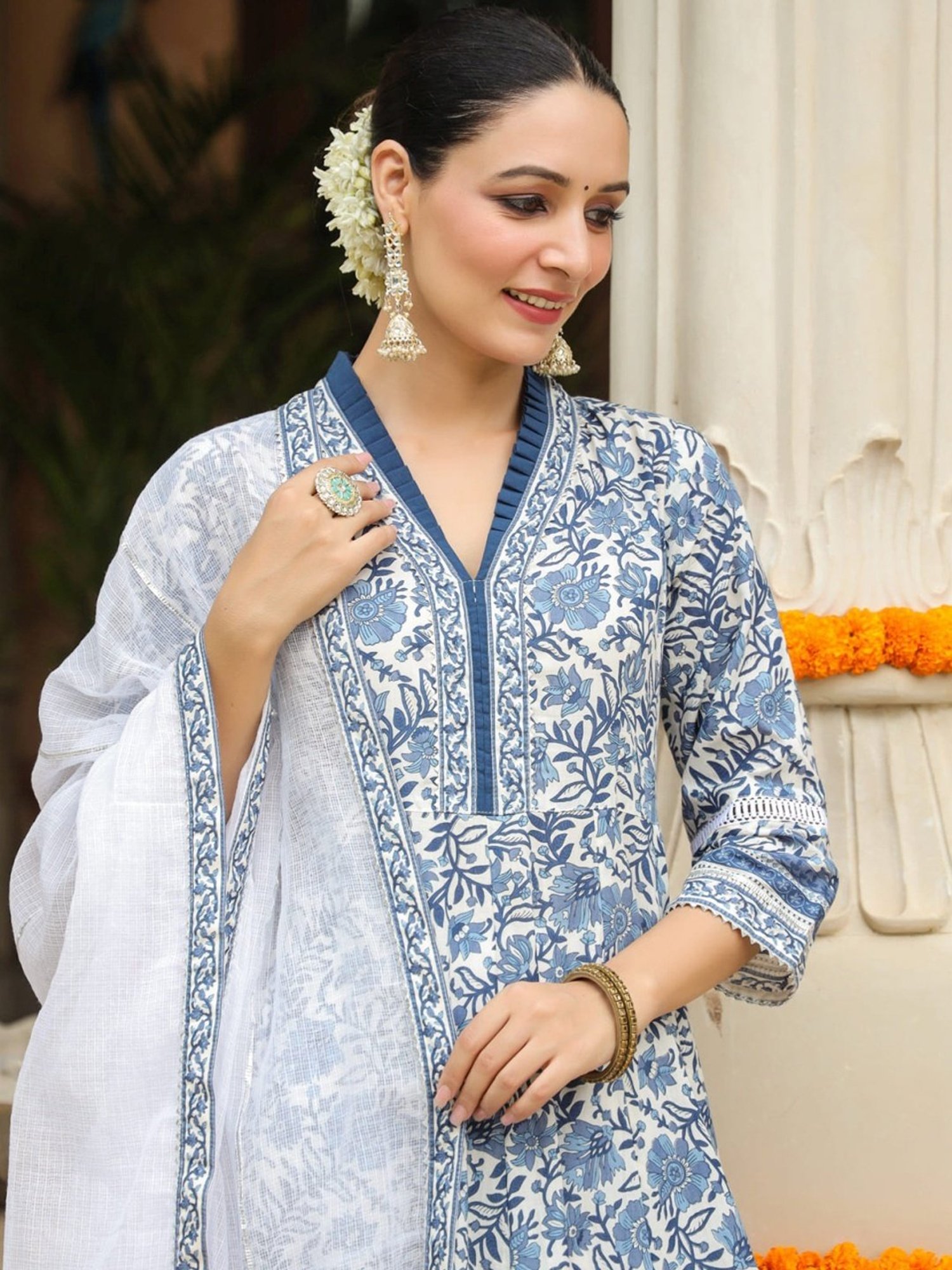 Rain and Rainbow Blue Cotton Floral Print Kurta Pant Set With Dupatta