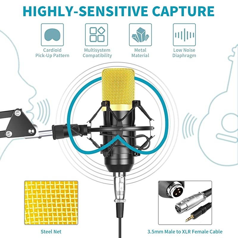Condenser Microphone Bundle Upgraded NW700 Professional Cardioid Studio MicAdjustable Suspension Scissor Arm StandShock MountPop FilterUSB Sound Card for Studio Recording Broadcasting