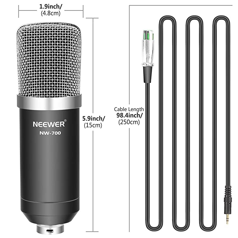 NW-700 Professional Studio Broadcasting & Recording Condenser Microphone (1)NW-700 Condenser Microphone (1)Metal Microphone Shock Mount (1)Ball-type Anti-wind Foam Cap (1)Microphone Audio Cable