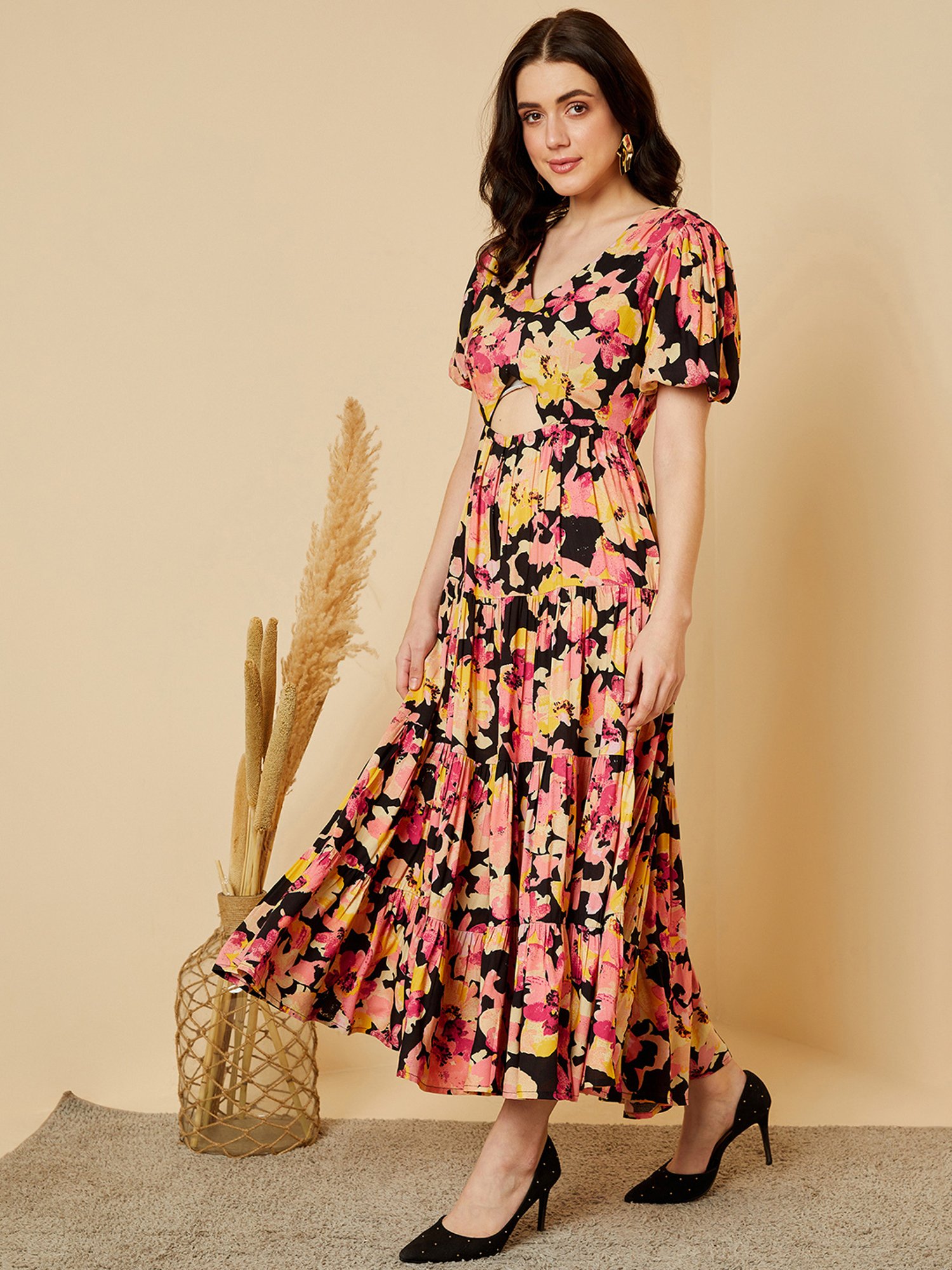 Magre Multicolor Floral Print Midi Dress