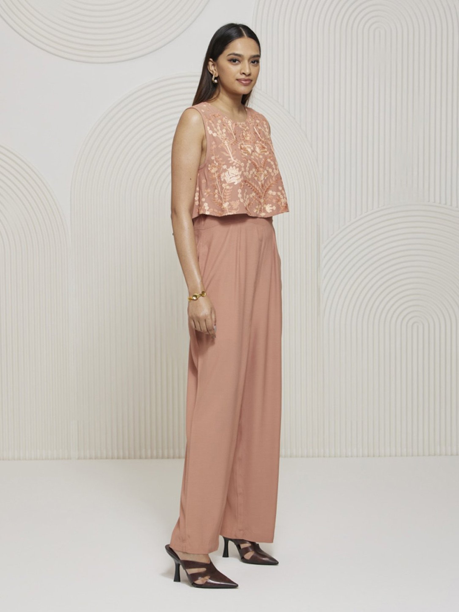 Artagai Salmon Pink Jumpsuit with Kashida Embroidery