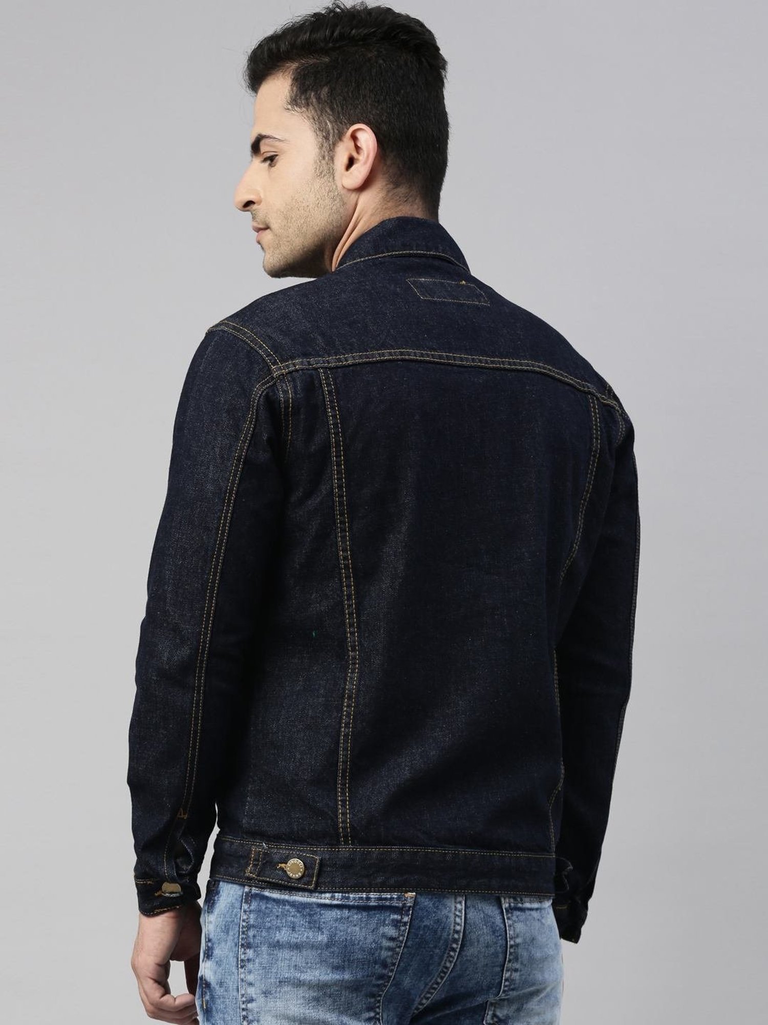 CINOCCI Navy Blue Cotton Slim Fit Denim Jacket