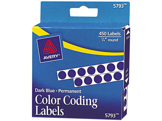 Avery 05793 Permanent Self-Adhesive Color-Coding Labels, 1/4in dia, Dark Blue, 450/Pack