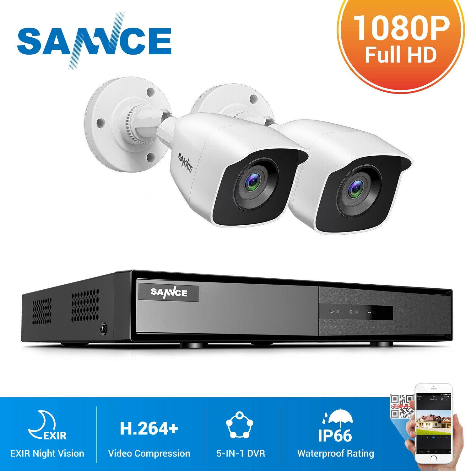 SANNCE 4CH 1080p Security Camera System 5-in-1 CCTV DVR Recorder with no HDD , 2X Waterproof Wired Surveillance Cameras with 100 ft Night Vision, Motion Alert, Remote Access