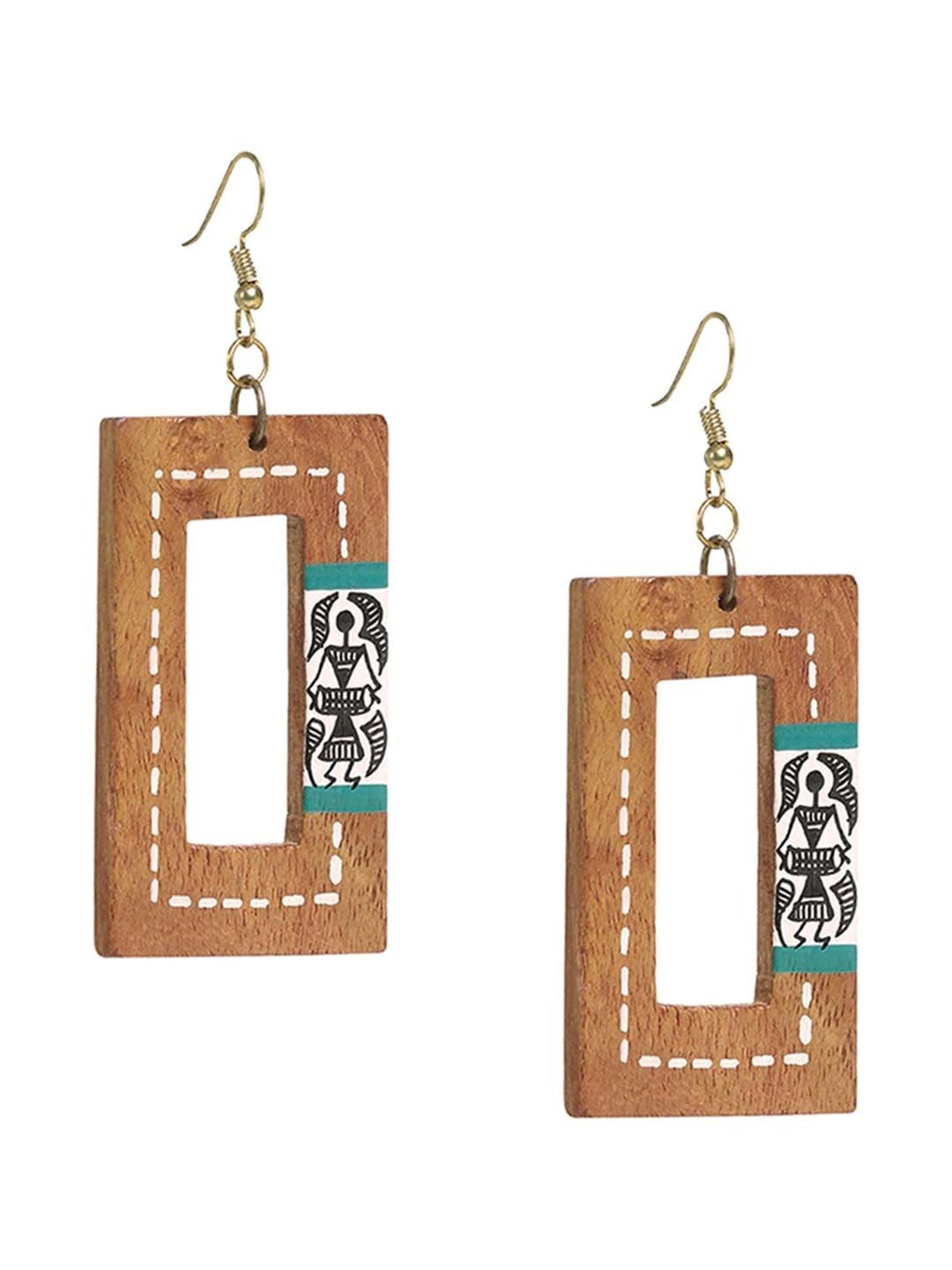ExclusiveLane Tribal Warli Brown & White Dangler Earrings (Warli Art in Sheesham Wood)