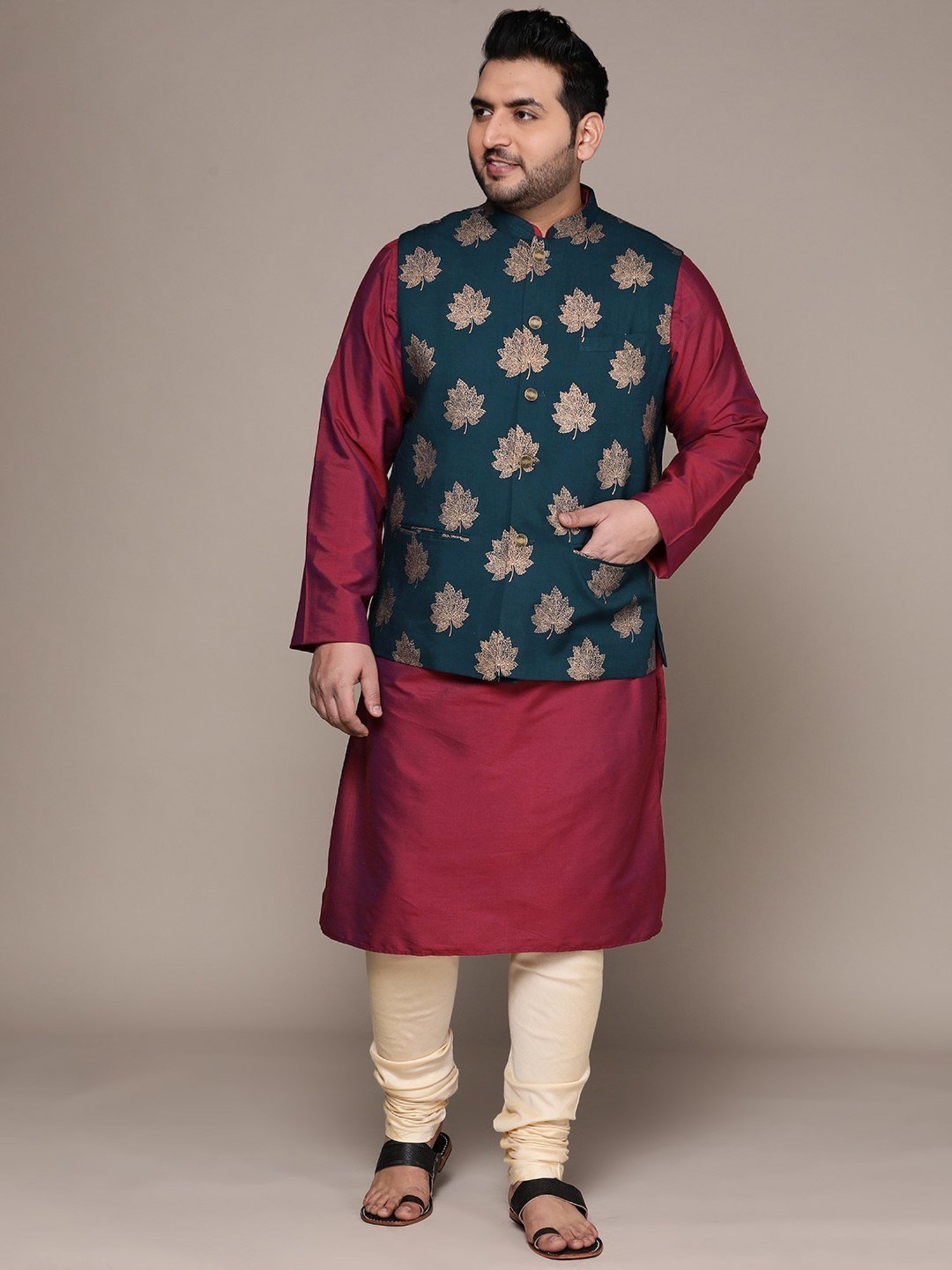 KISAH PLUS Green & Purple Regular Fit Printed Kurta Set With Jacket