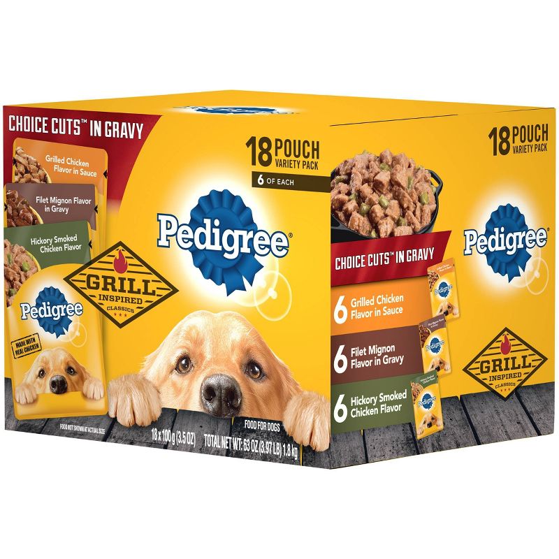 Pedigree Pouch Choice Cuts In Gravy Wet Dog Food Grilled Chicken, Filet Mignon & Smoked Chicken - 3.5oz/18ct Variety Pack