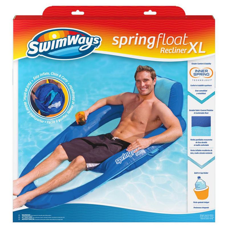 SwimWays 6060121 Spring Float Recliner Extra Large Summertime Relaxation Lounge Seat with Cup Holder for Water Pool Lake River Ocean Pond Beach, Blue