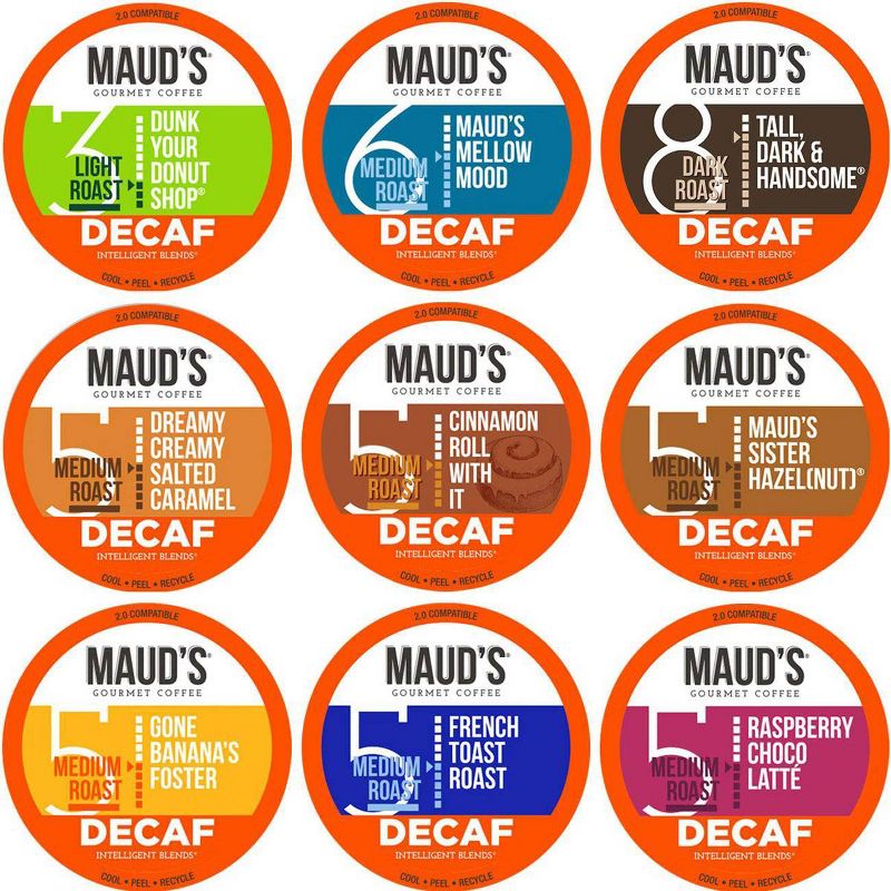 Maud's Decaf Coffee Variety Pack, 80ct. Recyclable Single Serve Decaf Coffee Pods - 100% Arabica Coffee California Roasted, Decaf KCups Compatible