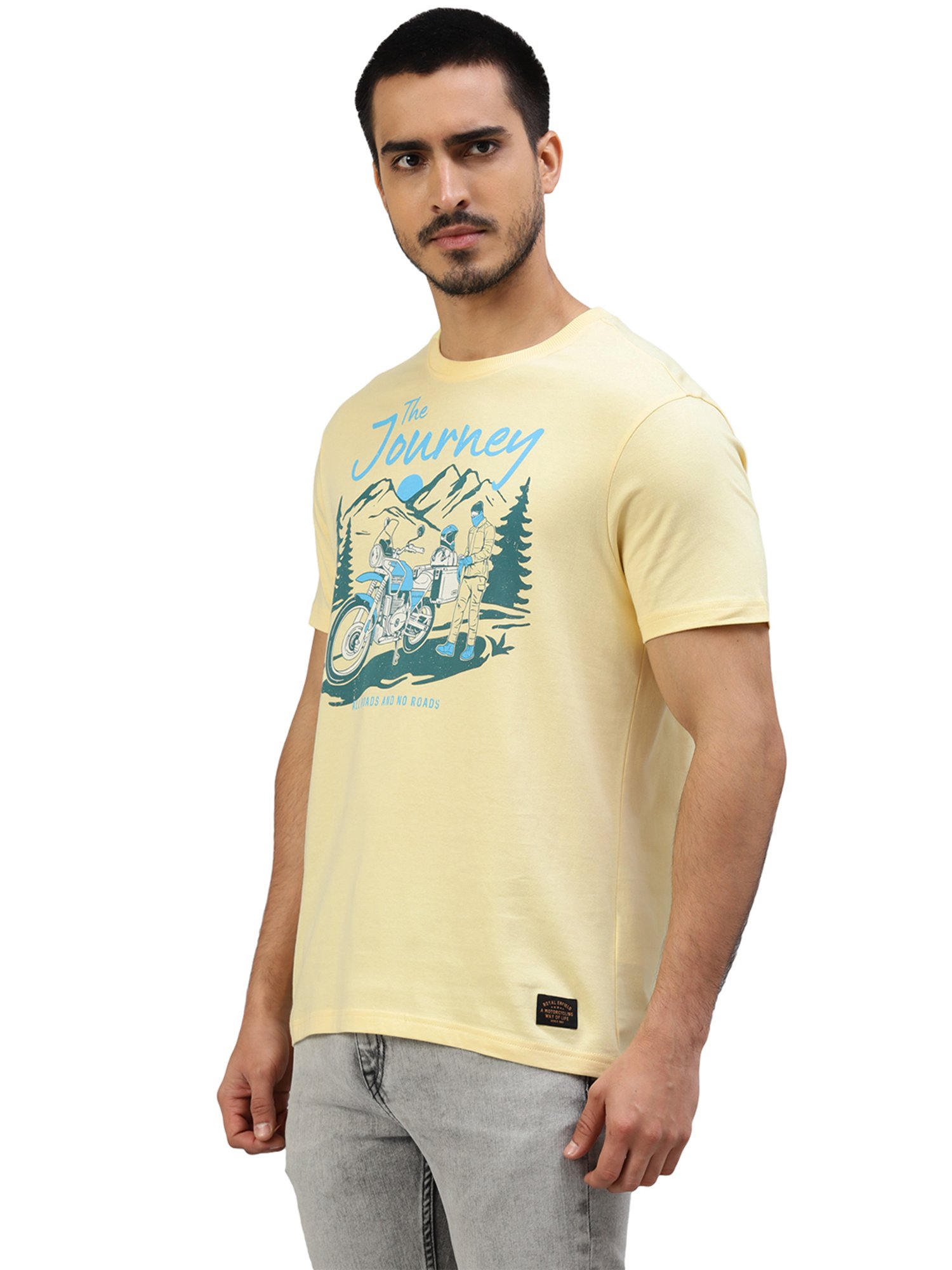 Royal Enfield Mountain Trail Light Yellow Regular Fit Printed Crew T-Shirt