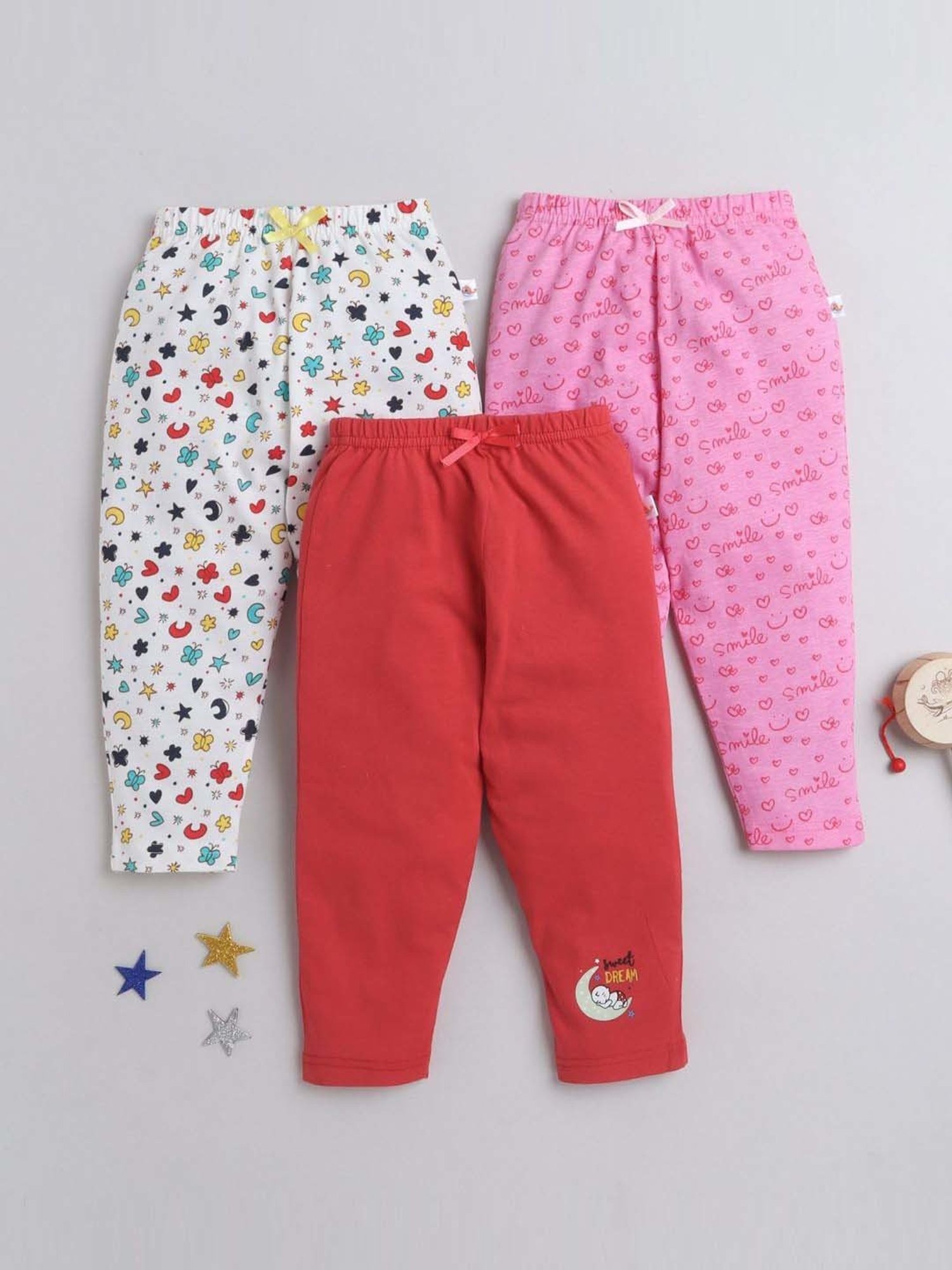 Bumzee Girls Red & Pink Printed Pajamas (Pack of 3)