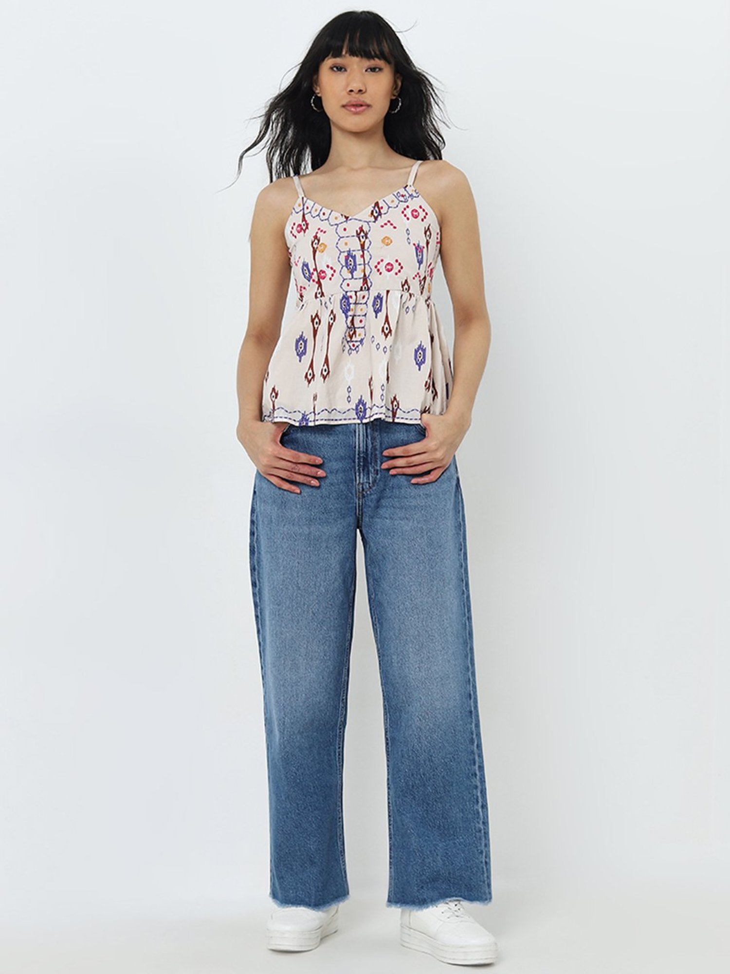 Bombay Paisley by Westside Light Beige Ikat Embroidered Cotton Top