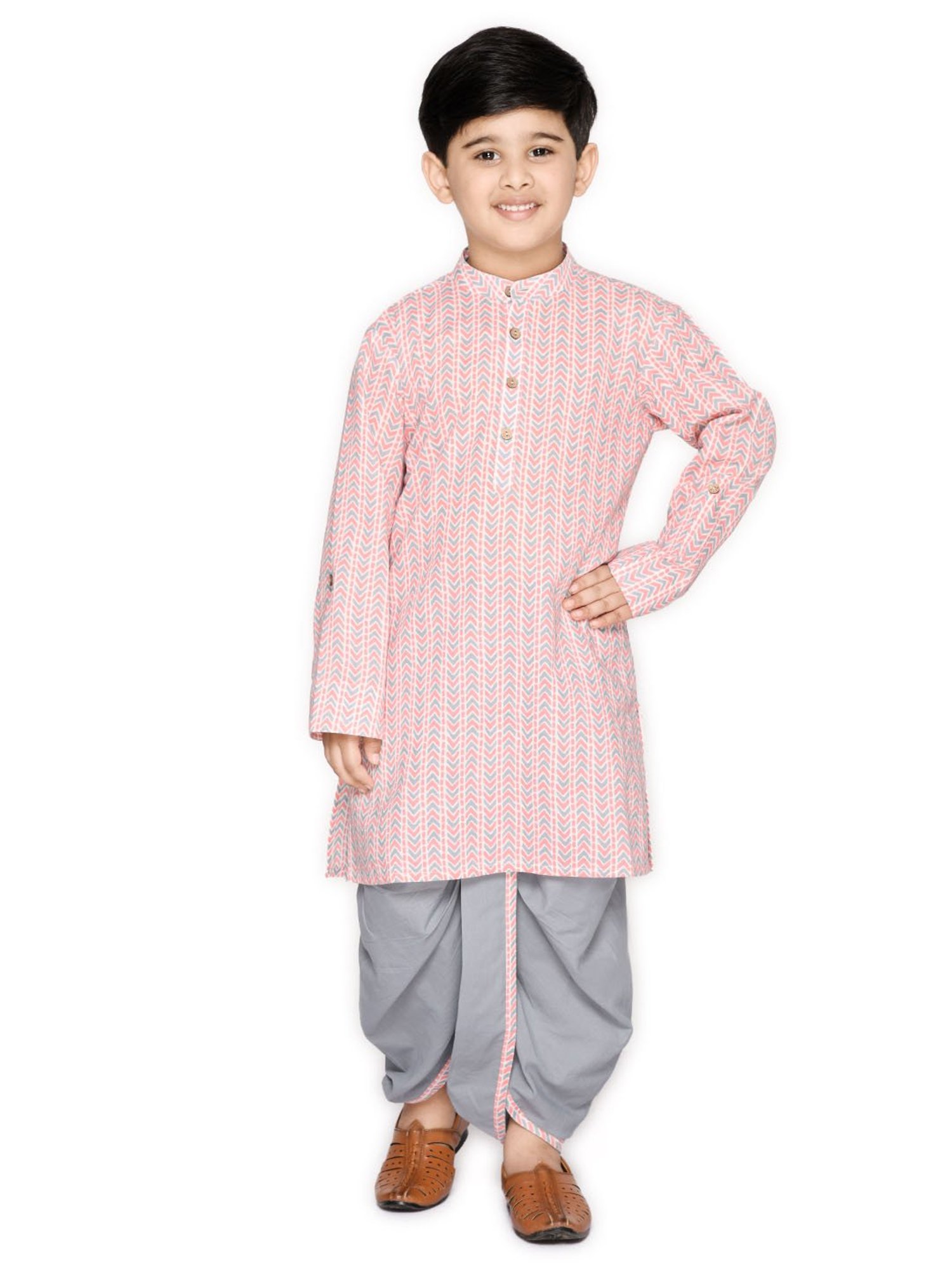 Saka Designs Kids Pink & Grey Striped Full Sleeves Kurta with Dhoti