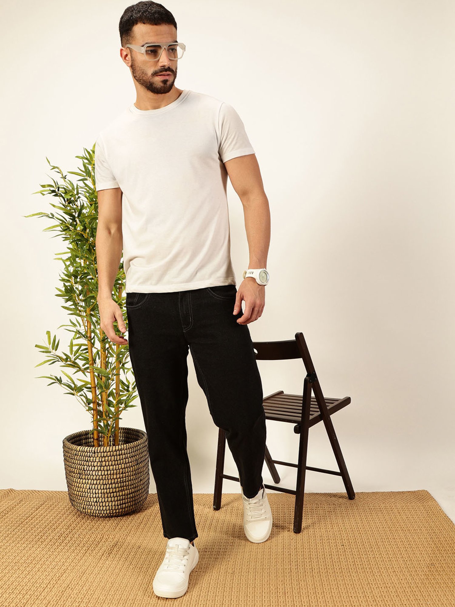 Thomas Scott Black Cotton Slim Tapered Solid Jeans
