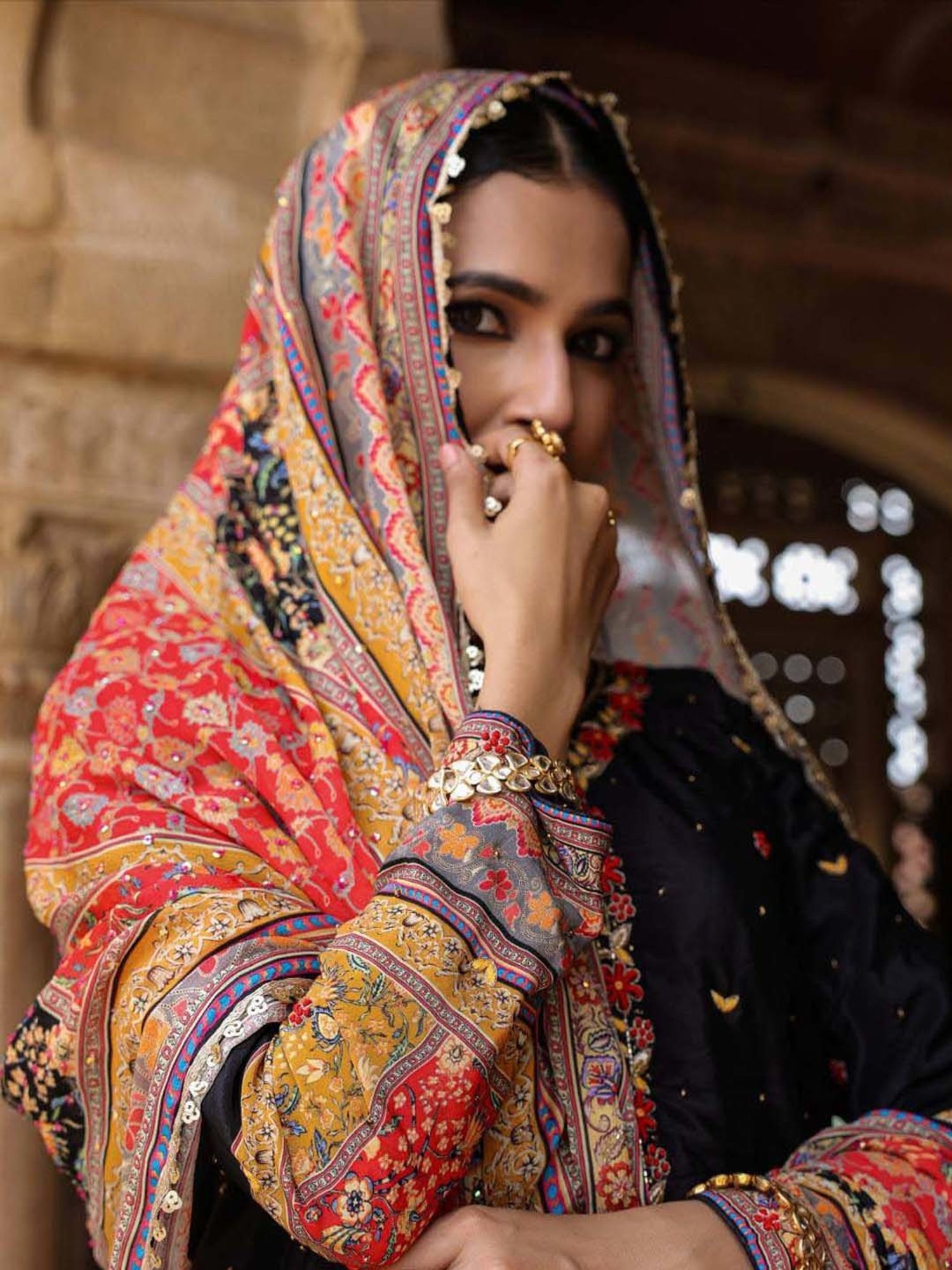 SCAKHI Black & Orange Printed Lehenga Choli Set With Dupatta