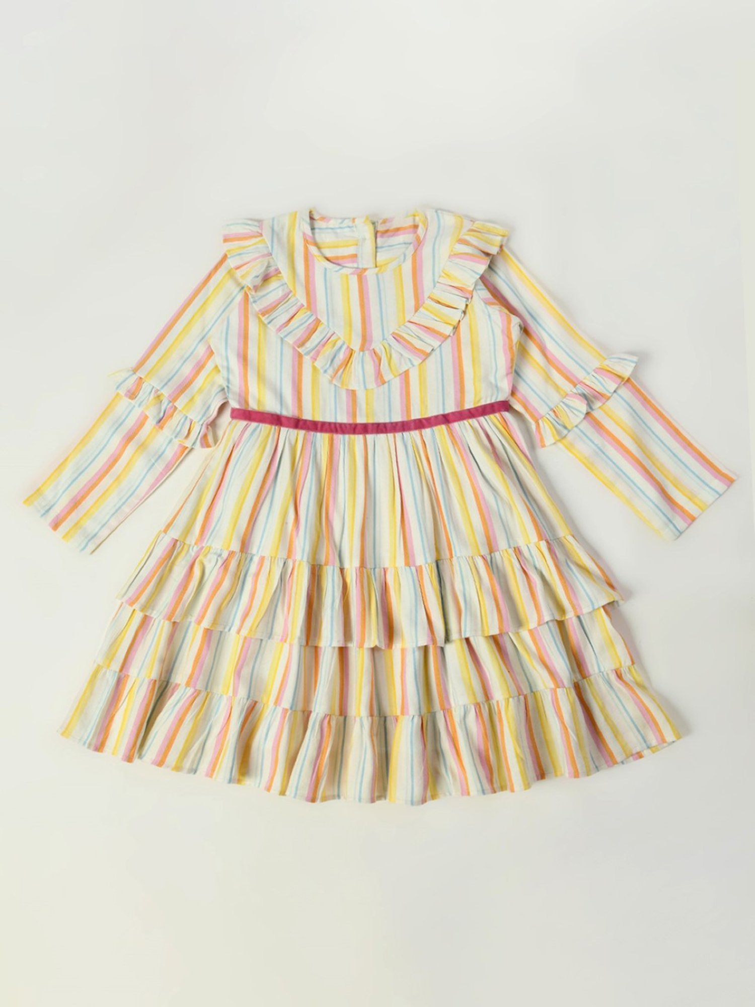 Bella Moda Kids White Striped Full Sleeves Fit & Flare Dress