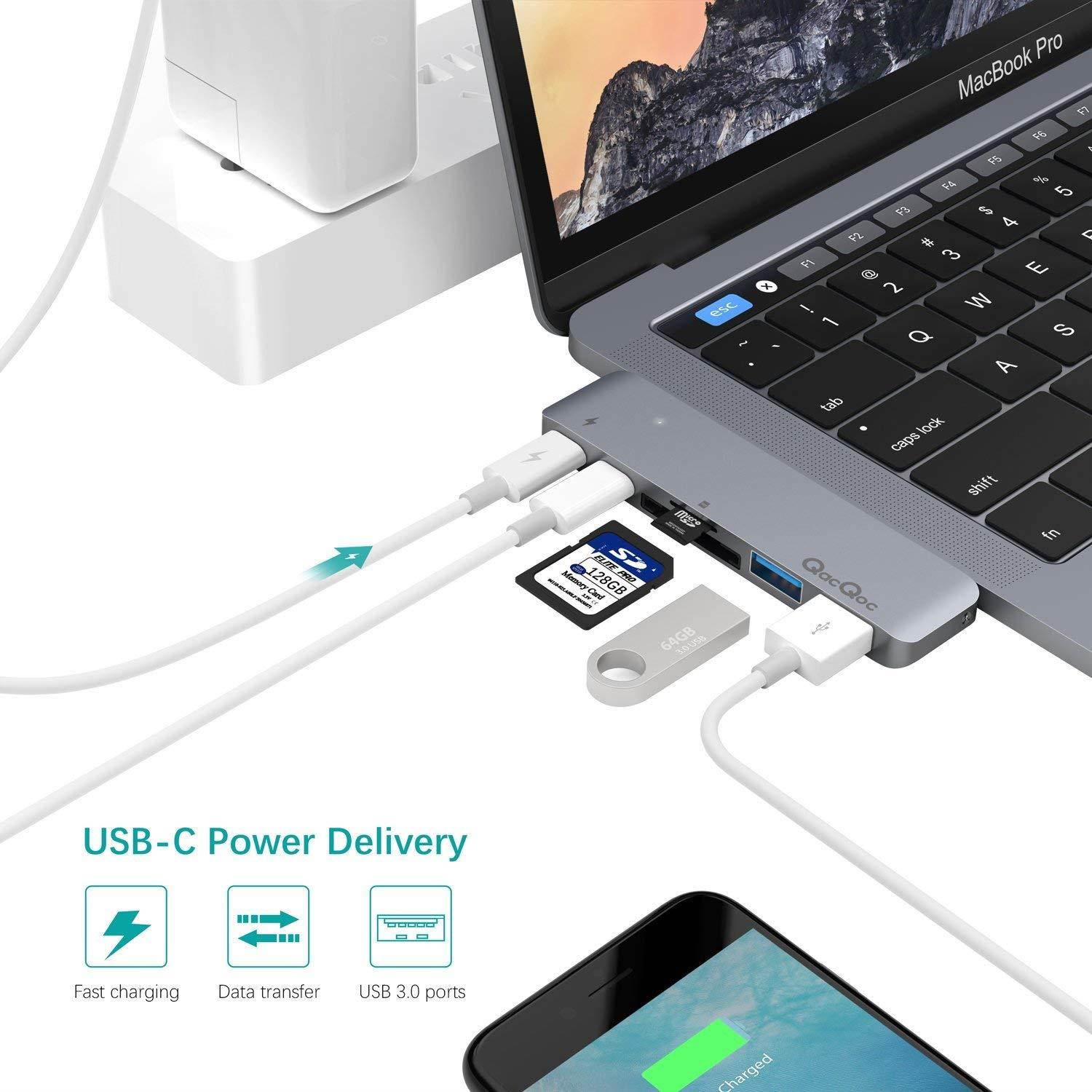 QacQoc USB C Hub, Aluminum USB Type-C Adapter with 40Gbs Thunderbolt 3,Type C Data Transfer,SD/Micro Card Reader and 2 USB 3.0 Ports,Compatible with 2016/2017/2018 MacBook Pro 13" and 15" (28A Grey)